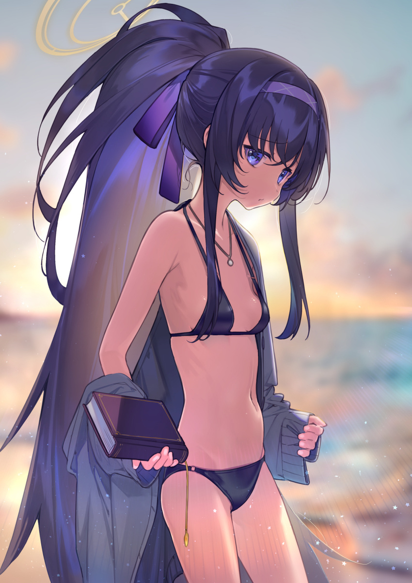 1girl amana_(pocketkey) bikini black_bikini blue_archive blue_eyes blurry blurry_background book breasts commentary_request hairband halo highres holding holding_book jewelry long_hair looking_at_viewer navel necklace ocean official_alternate_costume outdoors ponytail purple_hairband small_breasts solo standing swimsuit ui_(blue_archive) ui_(swimsuit)_(blue_archive) very_long_hair yellow_halo