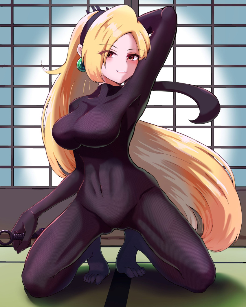 1girl blonde_hair bodystocking bodysuit breasts covered_navel dagger earrings feet full_body groin hairband highres holding holding_knife jewelry knife kunoichi_(live_a_live) live_a_live long_hair looking_at_viewer skin_tight smile solo togenomaru very_long_hair weapon