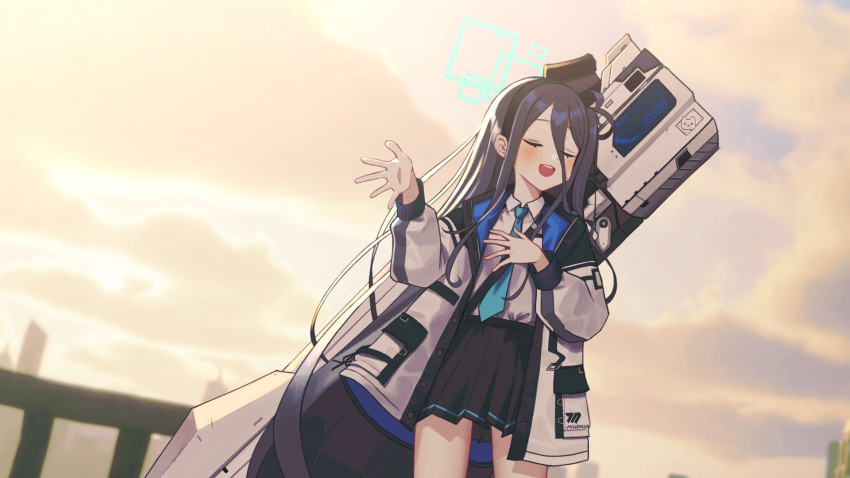 1girl absurdly_long_hair aris_(blue_archive) black_hair black_hairband black_jacket black_skirt blue_archive blue_jacket blue_necktie blurry blurry_background blush closed_eyes cloud cloudy_sky collared_shirt commentary_request dutch_angle energy_cannon facing_viewer hair_between_eyes hairband halo hand_on_own_chest hand_up highres jacket kkkk_(laa2973) korean_commentary long_bangs long_hair long_sleeves multicolored_clothes multicolored_jacket necktie one_side_up open_clothes open_jacket open_mouth outdoors pleated_skirt shirt shirt_tucked_in sidelighting skirt sky skyline smile solo standing sunlight twilight very_long_hair weapon weapon_on_back white_jacket white_shirt