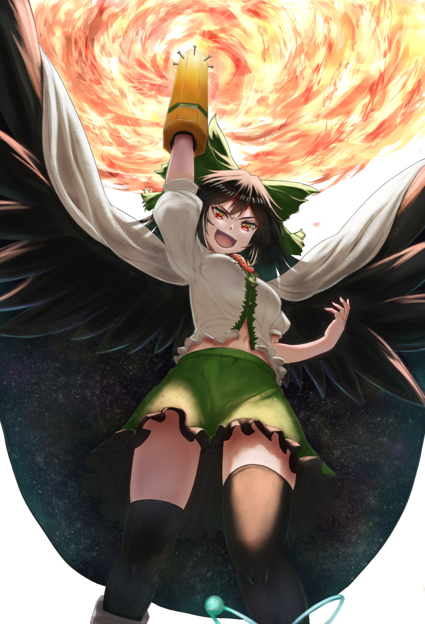 1girl arm_cannon arm_up atom bird_wings black_hair black_thighhighs black_wings bow breasts buttons cape commentary_request control_rod feet_out_of_frame fire frilled_skirt frills from_below green_bow green_skirt hair_bow highres long_hair looking_at_viewer looking_down luke_(kyeftss) medium_bangs medium_breasts navel open_mouth print_cape puffy_short_sleeves puffy_sleeves red_eyes reiuji_utsuho shirt short_sleeves simple_background skirt smile solo starry_sky_print sun thighhighs third_eye touhou weapon white_background white_cape white_shirt wings