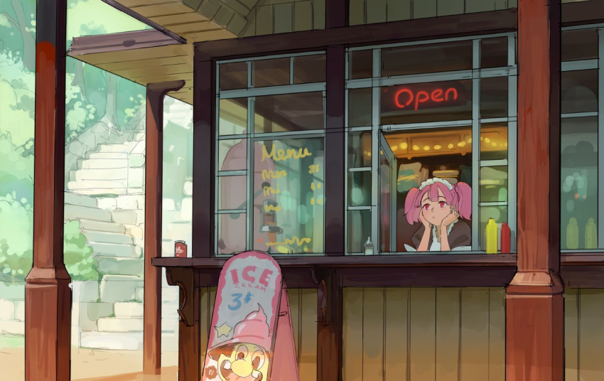 1girl bangs bush can commentary english_commentary ice_cream_stand ketchup_bottle kiosk looking_afar maid maid_headdress mustard_bottle original outdoors paid_reward_available parted_bangs pink_eyes pink_hair soda_can stairs timbougami tree twintails