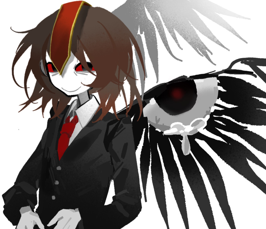 1other androgynous black_eyes black_jacket black_wings brown_hair closed_mouth collared_shirt colored_sclera colored_skin highres horror_(theme) jacket kokutenshi_hibaru kubotant len'en long_sleeves medium_hair messy_hair necktie no_nose other_focus red_necktie red_sclera shirt simple_background smile solo upper_body white_background white_shirt white_skin wing_eyes wings