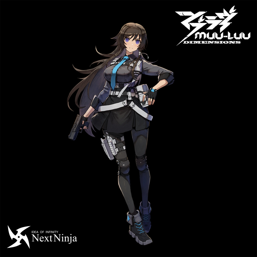 belt black_bow black_footwear black_gloves black_pantyhose black_shirt black_skirt blush boots bow breasts chest_harness collared_shirt copyright_name fingerless_gloves frown gloves grey_belt gun handgun harness high-waist_skirt highres holding holding_gun holding_weapon knee_pads kuroi_susumu logo long_hair medium_breasts muv-luv muv-luv:_dimensions muv-luv_alternative muv-luv_total_eclipse official_art pantyhose purple_eyes shirt skirt takamura_yui thigh_pouch v-shaped_eyebrows very_long_hair weapon