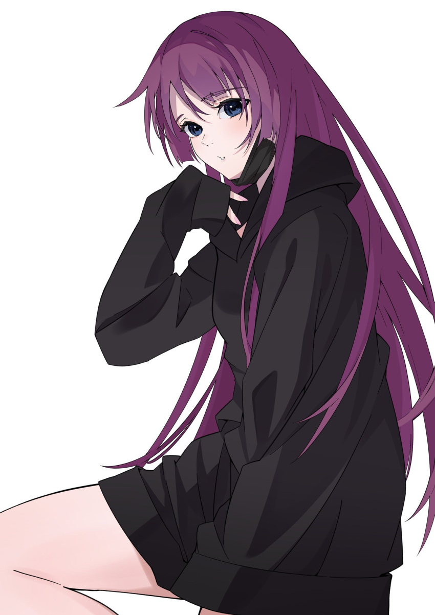 1girl alternate_costume arril100 black_hoodie black_mask blue_eyes commentary_request eyelashes feet_out_of_frame hand_up highres hood hood_down hoodie long_hair long_sleeves looking_at_viewer mask mask_pull monogatari_(series) mouth_mask no_pants parted_bangs parted_lips purple_hair senjougahara_hitagi sidelocks simple_background sleeves_past_wrists solo standing standing_on_one_leg thighs white_background