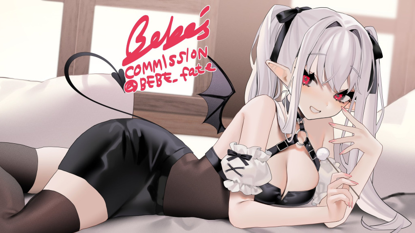 1girl arm_cuffs bebe_(bebe_pp) black_bow black_choker black_dress black_ribbon black_thighhighs bow breasts choker choppy_bangs cleavage couch cropped_legs demon_girl demon_wings dress highres lace long_hair looking_at_viewer lying medium_breasts mimikaki on_stomach original pink_nails pointy_ears red_eyes ribbon sidelocks signature smile tail thighhighs twintails white_hair window wings