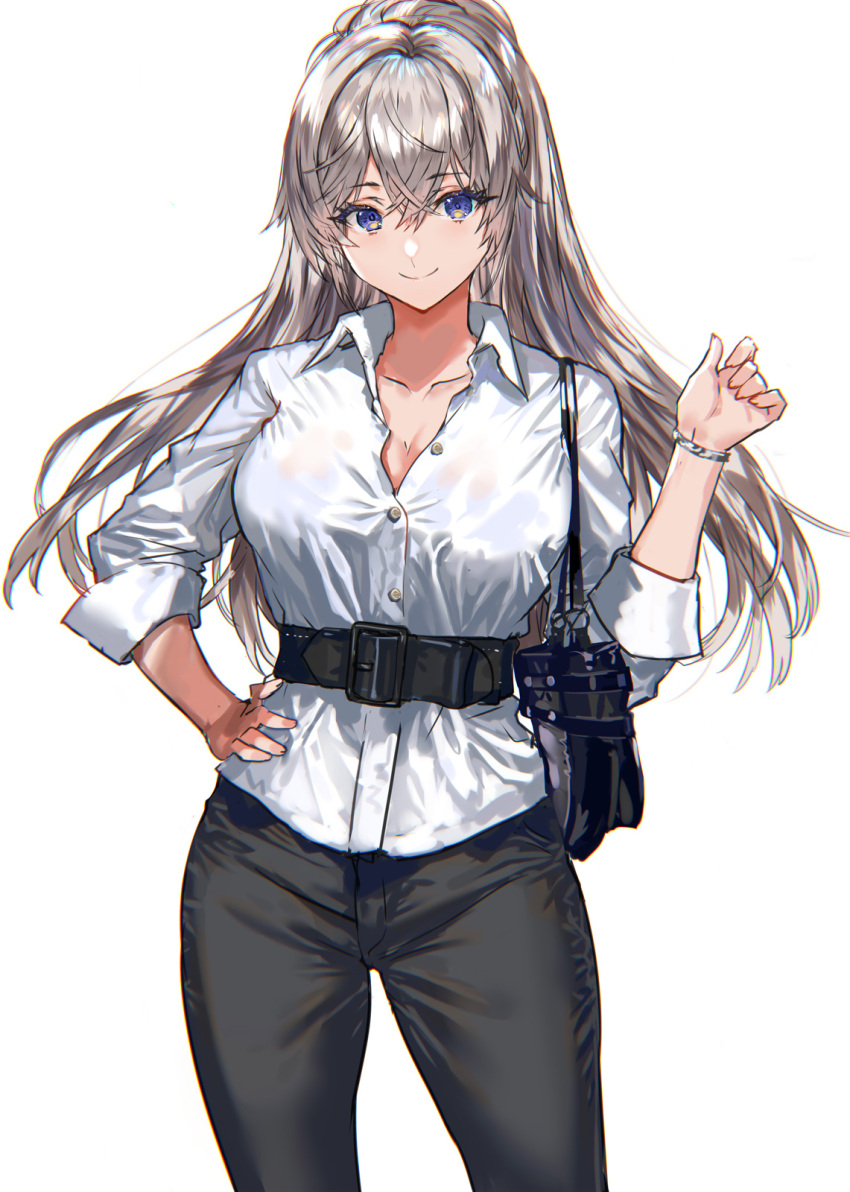 1girl belt black_belt black_pants blue_eyes blush bracelet breasts closed_mouth collared_shirt commentary_request cowboy_shot crossed_bangs grey_hair hand_on_own_hip hand_up highres jewelry large_breasts long_hair long_sleeves looking_at_viewer original pants ponytail ran'ou_(tamago_no_kimi) shirt simple_background smile solo white_background white_shirt