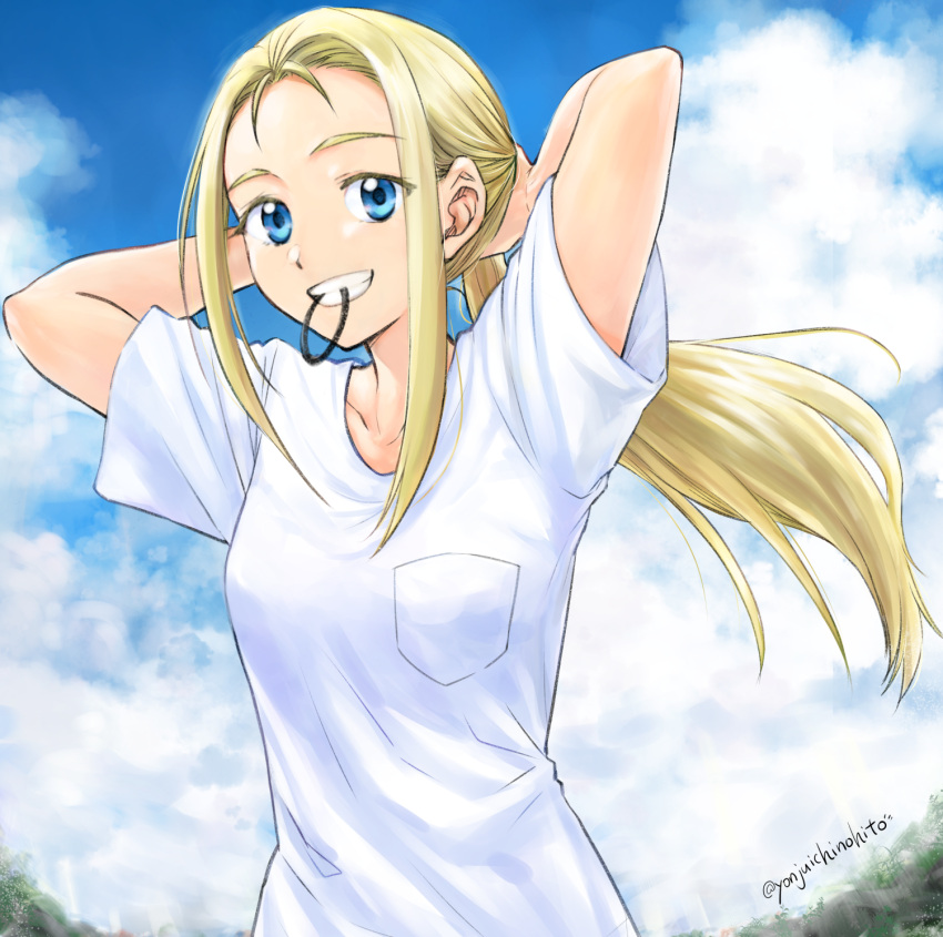 1girl adjusting_hair arms_behind_head arms_up blue_eyes collarbone day forehead hair_tie_in_mouth hands_in_hair highres kofune_ushio long_hair mouth_hold outdoors ponytail shijuuichi shirt sky smile solo summertime_render t-shirt twitter_username tying_hair white_shirt