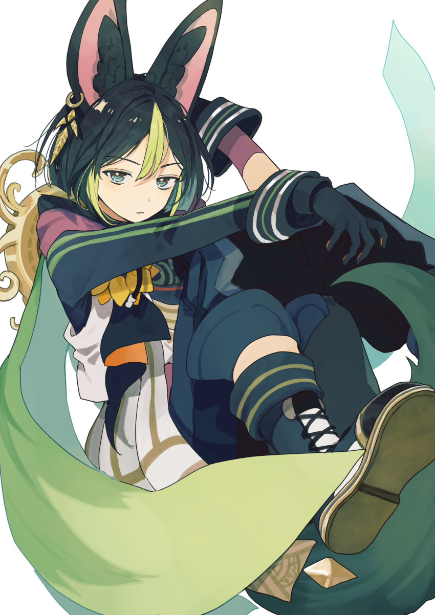 1boy animal_ear_fluff animal_ears asymmetrical_sleeves black_gloves black_hair blunt_ends boots cross-laced_footwear fox_boy fox_ears fox_tail genshin_impact gloves gradient_hair green_eyes green_hair green_tail hair_between_eyes highres hood hoodie kurodeko lace-up_boots multicolored_clothes multicolored_gloves multicolored_hair orange_gloves short_hair shoulder_cape simple_background solo streaked_hair tail tighnari_(genshin_impact) white_background