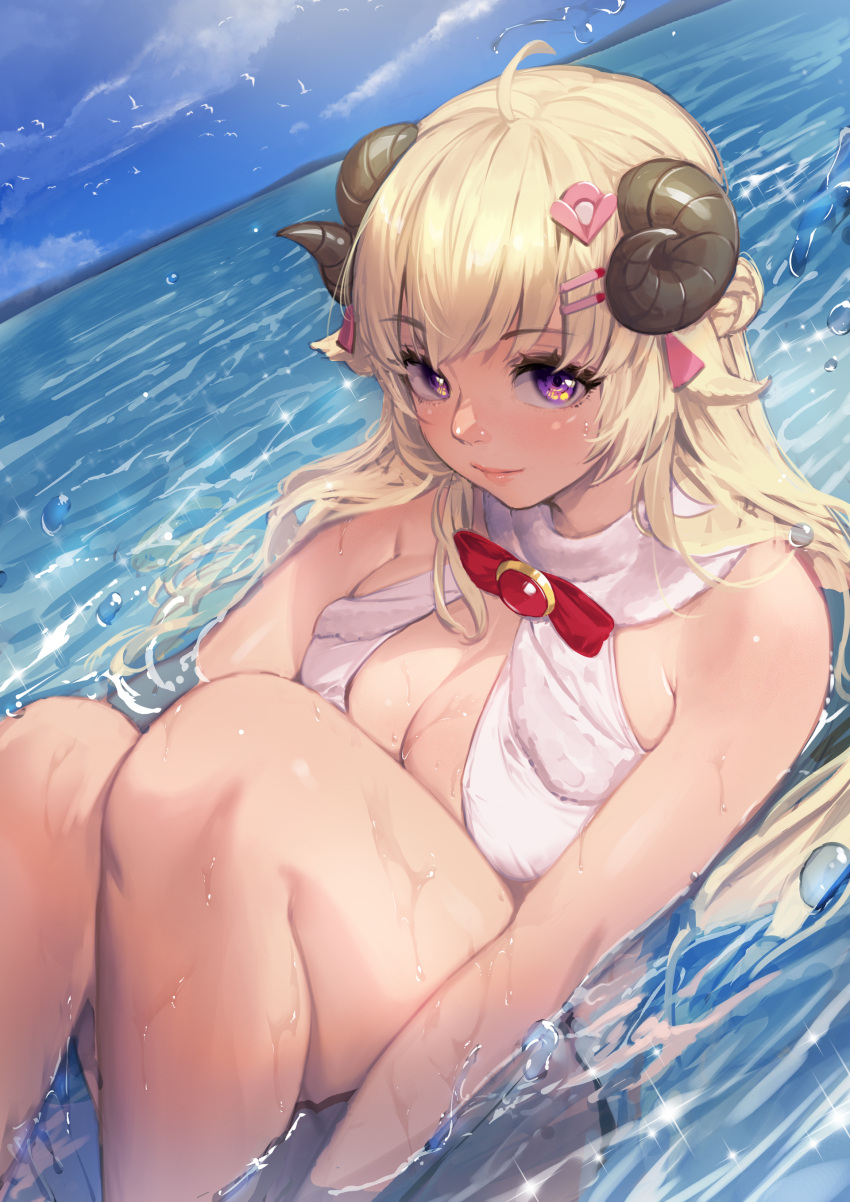 1girl absurdres bikini blue_sky breasts closed_mouth cloud commentary_request day hair_ornament hairclip highres hololive horns large_breasts long_hair looking_at_viewer ocean outdoors purple_eyes sheep_girl sheep_horns sitting sky solo swimsuit takami_masahiro tsunomaki_watame virtual_youtuber wet white_bikini