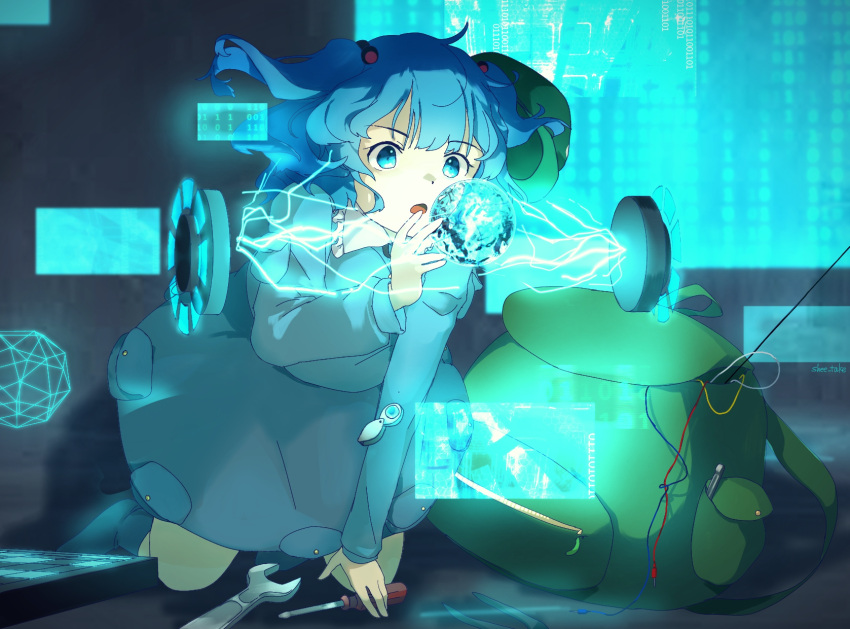 blue_eyes blue_hair blue_shirt blue_skirt blue_socks crystal electricity energy_ball green_bag green_headwear hand_up highres hologram holographic_monitor kawashiro_nitori no_headwear screwdriver shee_take shirt skirt socks technology touhou twintails wrench