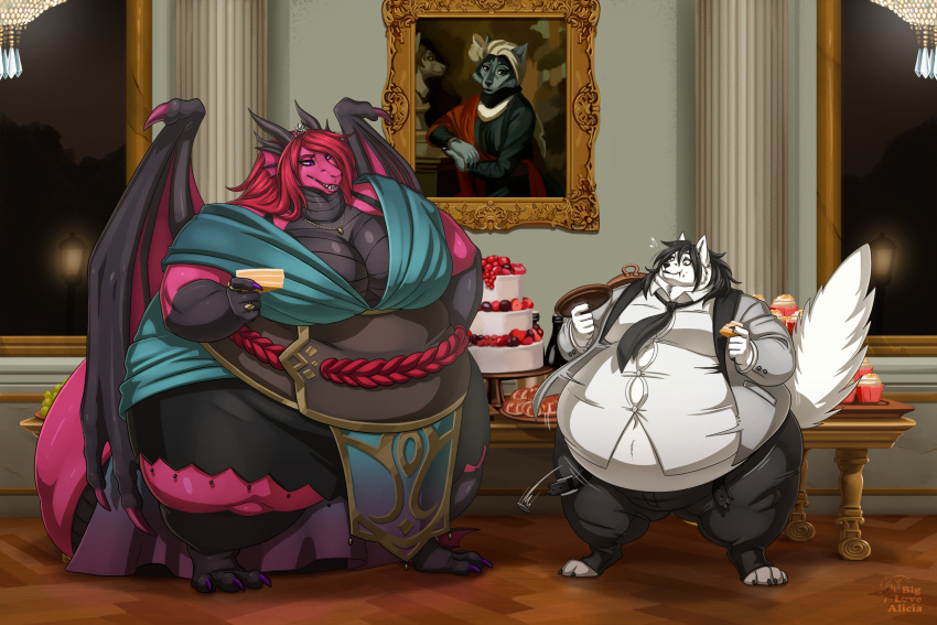 2022 3:2 4_horns anthro big_breasts biglovealicia black_hair bloated breasts cake canid canine cheek_tuft claws clothed clothing cupcake dessert detailed_background digital_media_(artwork) digitigrade dragon facial_tuft female food formal_suit fox fur furniture hair hi_res horn huge_belly inside male mammal membrane_(anatomy) membranous_wings moobs multi_horn obese obese_female obese_male overweight overweight_female overweight_male paint palace purple_body purpurrot raised_tail red_hair scalie signature smile stuffing_(food) table tail thick_tail thick_thighs torn_clothing tuft tufted_ears white_body wings