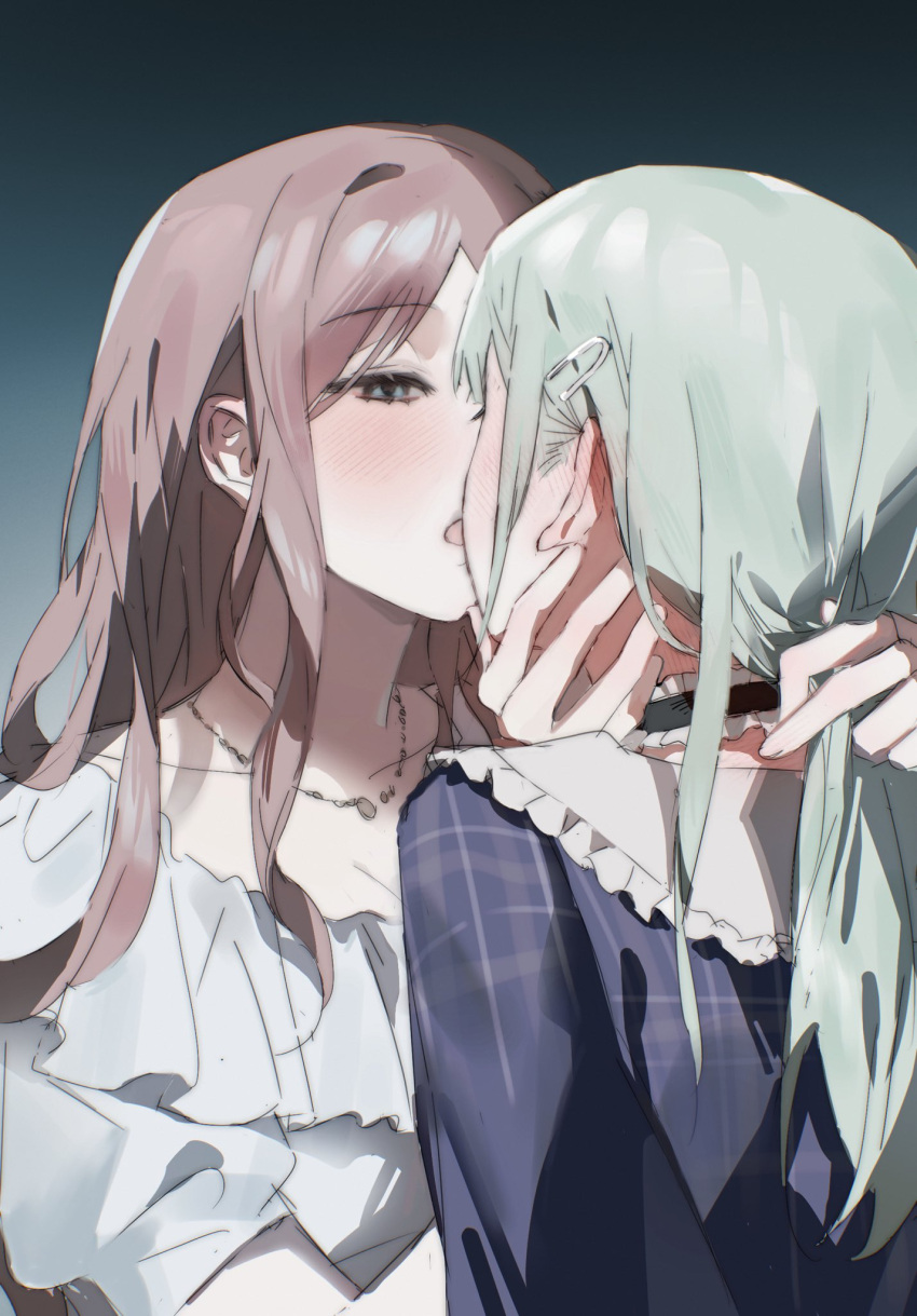 2girls bang_dream! bang_dream!_it's_mygo!!!!! blonde_hair blue_eyes blue_shirt blush brown_hair chinese_commentary choker commentary ear_blush frilled_shirt_collar frills grabbing_another's_hair gradient_background hair_ornament hairclip hand_on_another's_face highres imminent_kiss jewelry long_hair looking_at_another multiple_girls nagasaki_soyo necklace open_mouth parted_bangs plaid plaid_shirt qing_yan_xia ribbon-trimmed_collar ribbon_trim shirt sidelocks wakaba_mutsumi white_shirt yuri