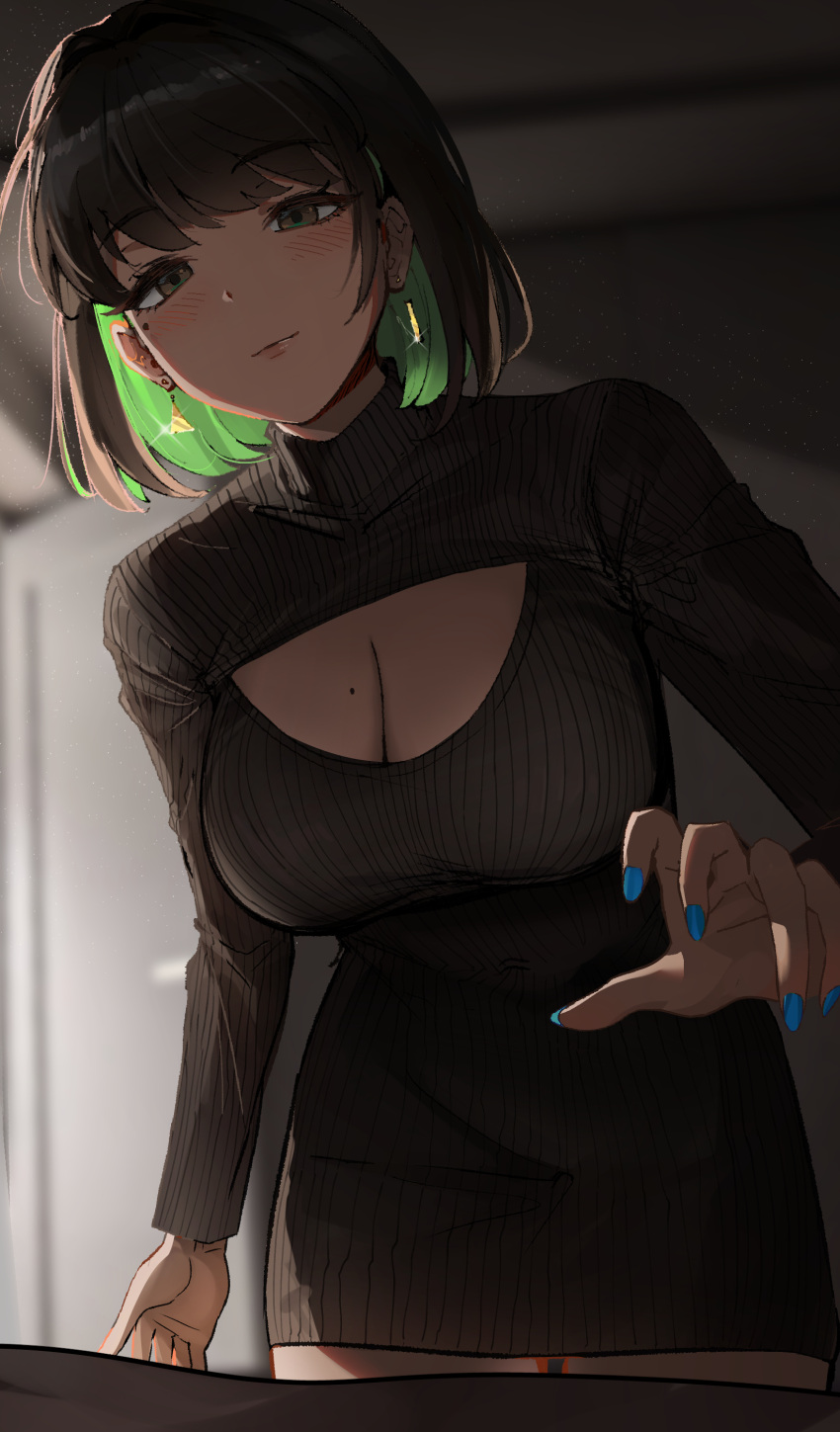 1girl absurdres black_hair blue_nails blush breasts brown_eyes cleavage closed_mouth colored_inner_hair earrings english_commentary green_eyes green_hair highres jewelry large_breasts looking_at_viewer miru_(ormille) mole mole_on_breast mole_under_eye multicolored_hair original ormille short_hair smile solo sweater two-tone_hair