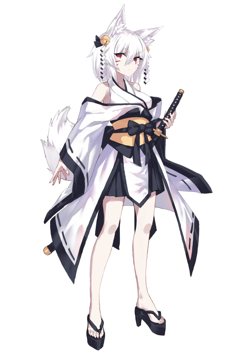 1girl animal_ear_fluff animal_ears bare_legs bell black_footwear black_ribbon black_skirt breasts closed_mouth commentary_request detached_sleeves facial_mark feet fox_ears fox_girl fox_tail full_body hair_bell hair_ornament highres iwashi_(nisankatanso) japanese_clothes jingle_bell katana kimono long_sleeves looking_at_viewer looking_to_the_side medium_breasts obi okobo original red_eyes ribbon ribbon-trimmed_sleeves ribbon_trim sash sheath sheathed short_hair simple_background skirt sleeveless sleeveless_kimono solo standing sword tail toes waist_ribbon weapon white_background white_hair white_kimono white_sleeves wide_sleeves yellow_sash