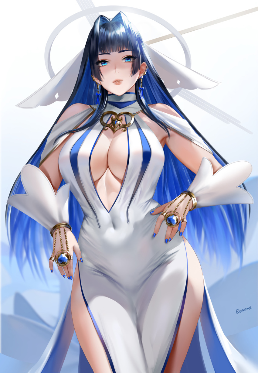 1girl alternate_costume artist_name bare_shoulders blue_eyes blue_hair breasts bridal_gauntlets cleavage cowboy_shot dress easonx hair_intakes halo highres hololive hololive_english jewelry large_breasts long_hair looking_at_viewer mixed-language_commentary ouro_kronii ring sleeveless sleeveless_dress solo very_long_hair white_dress