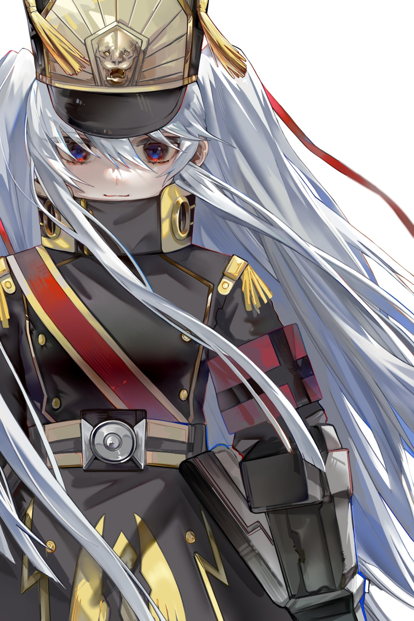 1girl altair_(re:creators) black_coat blue_eyes buttons coat double-breasted epaulettes gelasi hat highres lion_head_(ornament) military_hat military_uniform re:creators red_armband red_eyes red_sash sash shako_cap shoulder_sash solo tassel twintails two-tone_eyes uniform