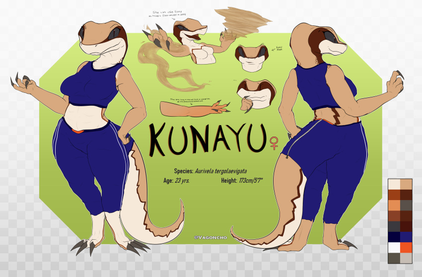2023 absurd_res anthro breasts clothed clothing female hi_res kunayu_(vagoncho) lizard model_sheet multiple_poses pose reptile scalie tagme tail tegu vagoncho