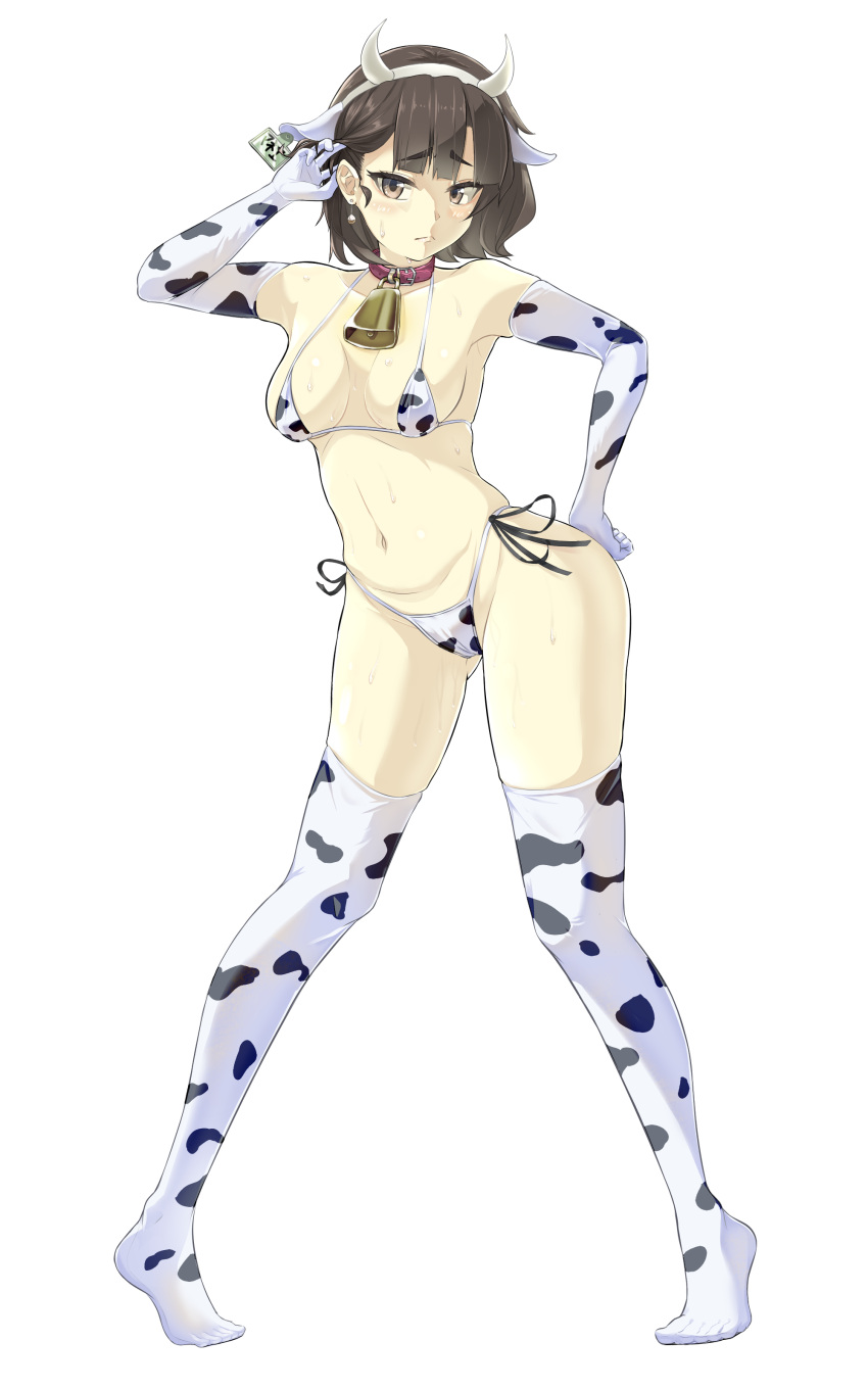 1girl absurdres animal_collar animal_ears animal_print bell bikini blunt_bangs blush breasts brown_eyes brown_hair cameltoe closed_mouth collar commentary_request contrapposto cow_ears cow_horns cow_print cowbell fake_animal_ears fake_horns frown full_body gloves hand_hair hand_on_own_hip highres horns looking_at_viewer manager_(inmu) manatsu_no_yo_no_inmu medium_bangs medium_breasts no_shoes pigeon-toed print_bikini print_gloves print_thighhighs red_collar short_hair side-tie_bikini_bottom simple_background solo standing suisyu_chouman_chawan_no_kakera swimsuit thighhighs transparent_background white_bikini white_gloves white_thighhighs