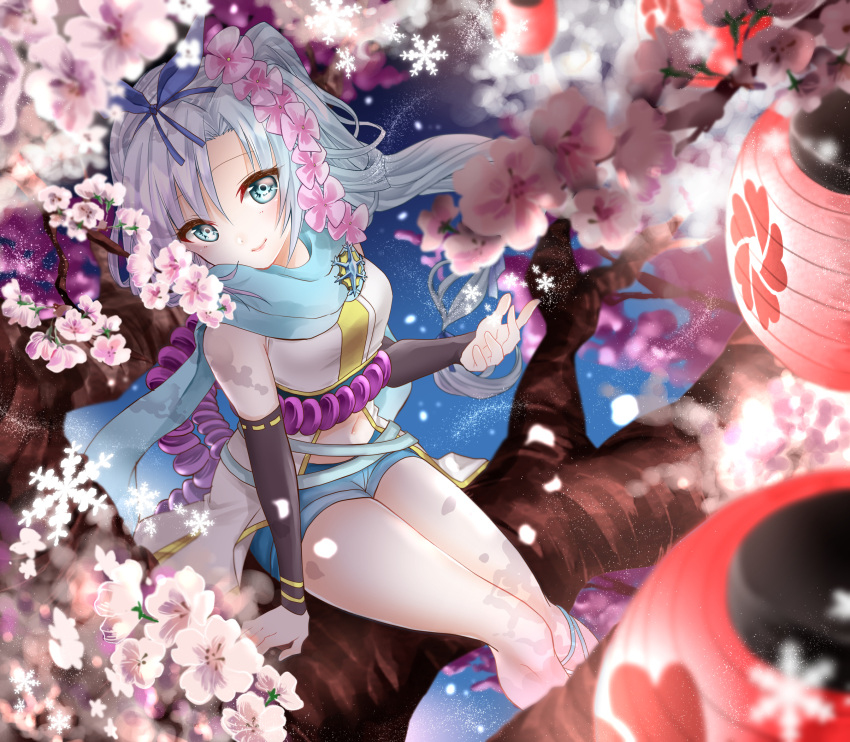 1girl arm_support arm_warmers bare_shoulders blue_eyes blue_hair blue_scarf blue_shorts bow_hairband cherry_blossoms closed_mouth cross-laced_clothes cross-laced_legwear flower hair_flower hair_ornament hairband hand_up highres kikuchi_gorou kousetsu_samonji_(tenka_hyakken) lantern light_blue_hair long_hair looking_at_viewer navel paper_lantern parted_bangs rope scarf shimenawa shorts side_ponytail sitting_on_branch sleeveless smile snowflakes solo tenka_hyakken