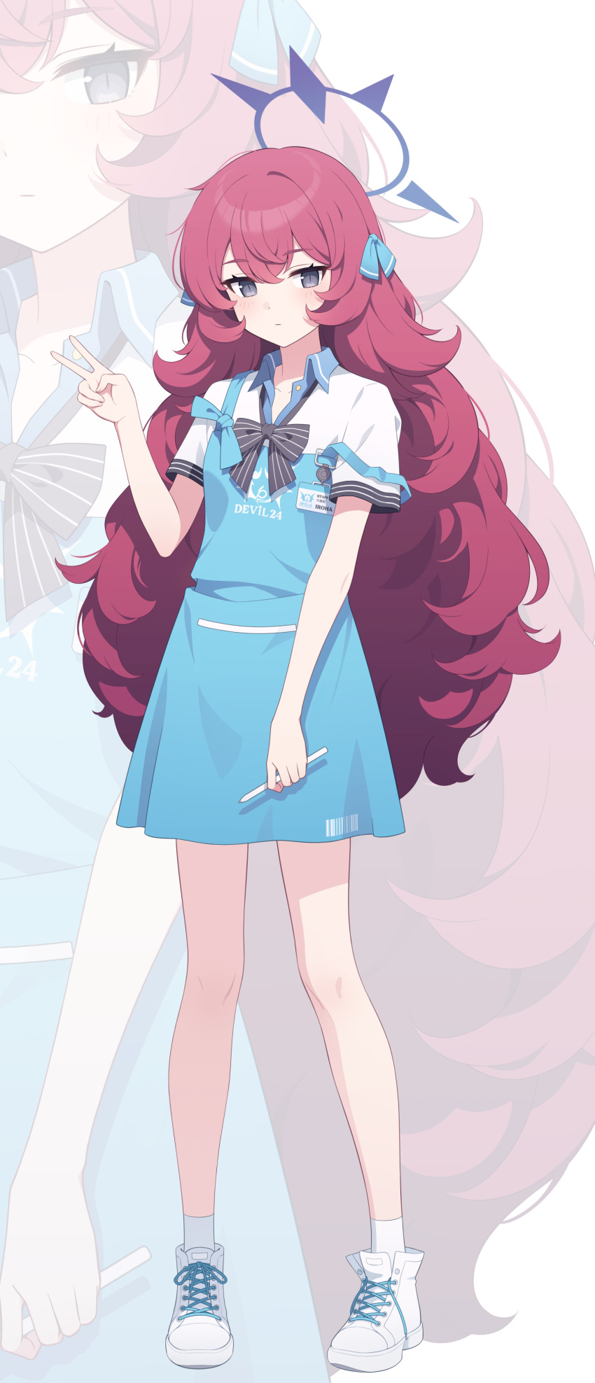 1girl 7_emul absurdres apron aqua_apron aqua_ribbon black_eyes blue_archive blush closed_mouth cosplay full_body hair_ribbon halo highres id_card iroha_(blue_archive) long_hair looking_at_viewer off_shoulder red_hair ribbon shirt shoes simple_background socks sora_(blue_archive) sora_(blue_archive)_(cosplay) standing v very_long_hair white_background white_footwear white_shirt white_socks zoom_layer