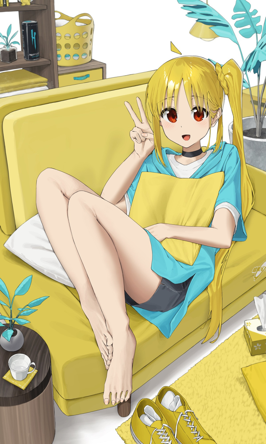 1girl :d ahoge black_choker blonde_hair blush bocchi_the_rock! can choker couch cup highres ijichi_nijika long_hair looking_at_viewer noeru open_mouth plant red_eyes shirt shoes shoes_removed side_ponytail sitting skirt smile solo tissue v vase white_shirt yellow_footwear