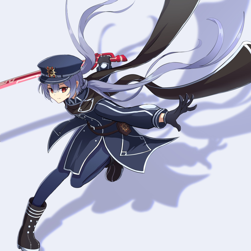 1girl absurdres black_headwear black_scarf boots duel_monster full_body gloves grey_hair hat highres holding holding_sword holding_weapon kyrion long_hair long_sleeves peaked_cap red_eyes scarf shadow sky_striker_ace_-_roze solo standing standing_on_one_leg sword twintails weapon yu-gi-oh!