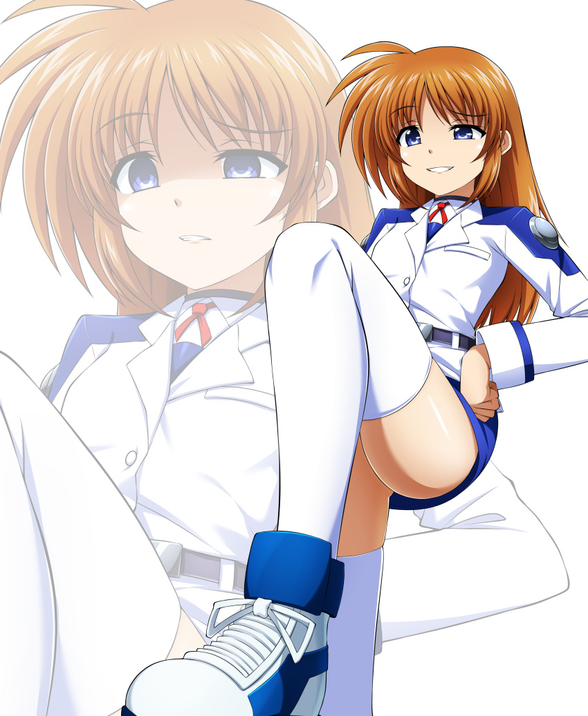 absurdres alternate_hairstyle belt brown_hair commentary_request commission disdain eyebrows_hidden_by_hair grin hair_down hands_on_own_hips highres long_sleeves lyrical_nanoha mahou_shoujo_lyrical_nanoha miniskirt oshimaru026 partially_shaded_face pixiv_commission purple_eyes red_ribbon ribbon skirt smile smug takamachi_nanoha thighhighs tsab_air_military_uniform tsab_executive_military_uniform white_background white_devil white_sneakers white_thighhighs