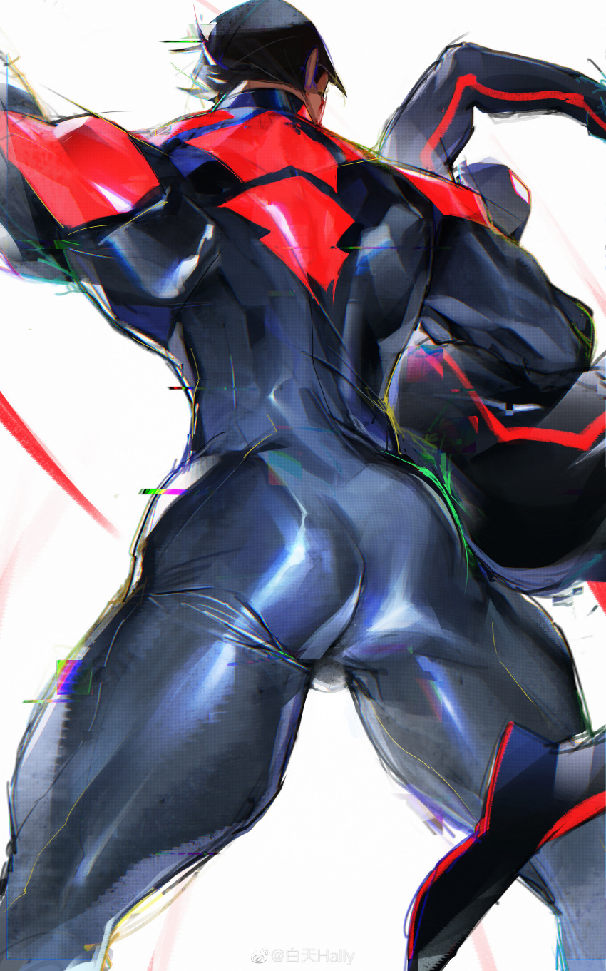 1boy absurdres ass ass_focus baizelangtai_(hallyswift) bara blue_bodysuit bodysuit bulge character_request feet_out_of_frame from_behind highres male_focus marvel mature_male miguel_o'hara muscular muscular_male red_bodysuit shiny_clothes short_hair solo spider-man:_across_the_spider-verse spider-man_(series) thick_thighs thighs two-tone_bodysuit unfinished