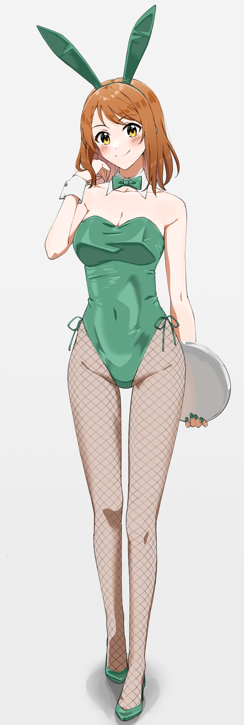 1girl absurdres animal_ears blush bow bowtie breasts brown_eyes brown_hair cleavage closed_mouth collar collarbone covered_navel detached_collar dot_nose dr._gero_(staedtler_0508) fake_animal_ears fishnet_pantyhose fishnets full_body green_bow green_bowtie green_footwear green_hairband green_leotard green_nails grey_background hairband hand_up high_heels highres hojo_karen holding holding_tray idolmaster idolmaster_cinderella_girls idolmaster_cinderella_girls_starlight_stage leotard long_hair looking_at_viewer medium_breasts pantyhose playboy_bunny rabbit_ears simple_background smile solo standing tray white_collar white_wrist_cuffs