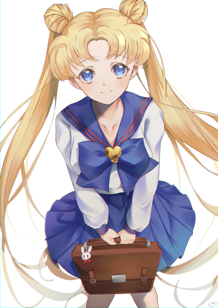 1girl absurdres bag bishoujo_senshi_sailor_moon blonde_hair blue_bow blue_bowtie blue_eyes blue_sailor_collar blue_skirt bow bowtie closed_mouth collared_shirt double_bun floating_hair hair_bun harukichan_0211 highres holding holding_bag long_hair long_sleeves looking_at_viewer miniskirt pleated_skirt sailor_collar sailor_shirt school_uniform serafuku shirt signature skirt smile solo tsukino_usagi twintails very_long_hair white_shirt