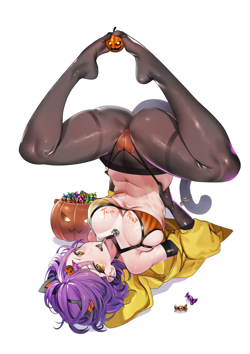 1girl absurdres animal_ears ass bare_shoulders bikini black_pantyhose body_writing breasts candy cat_ears cat_tail chupa_chups cleavage commentary elbow_gloves fake_animal_ears fake_tail food food_in_mouth full_body gloves hair_between_eyes hair_ornament halloween halloween_bucket highres hood hooded_jacket jack-o'-lantern jack-o'-lantern_hair_ornament jacket jacket_partially_removed large_breasts lollipop looking_at_viewer navel open_mouth orange_bikini original pantyhose pantyhose_under_swimsuit purple_hair shadow short_hair sidelocks simple_background smile solo stomach striped striped_bikini swimsuit tail teddy_(khanshin) thighband_pantyhose upside-down white_background yellow_eyes yellow_jacket yoga yura_(teddy)