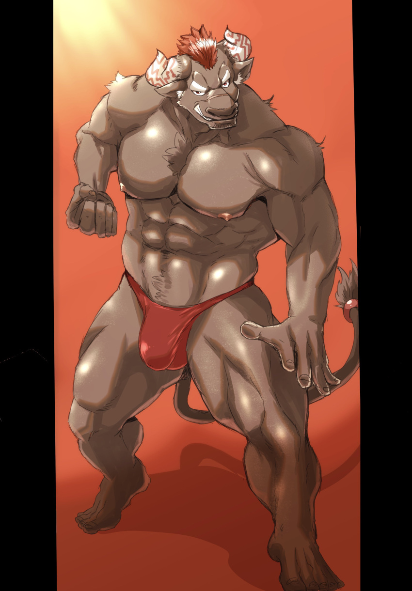 1boy abs absurdres animal_ears bara brown_fur bulge clenched_hand covered_penis cow_ears cow_horns fu_ren_chi full_body furry furry_male goatee_stubble gradient_background gyumao_(housamo) highres horns large_pectorals legs_apart looking_at_viewer male_focus male_underwear mature_male minotaur mohawk muscular muscular_male navel navel_hair nipples pectorals red_male_underwear sanpaku scar scar_on_face scar_on_nose seductive_smile shiny_skin short_hair smile solo standing stomach strongman_waist thick_eyebrows tokyo_afterschool_summoners topless_male underwear