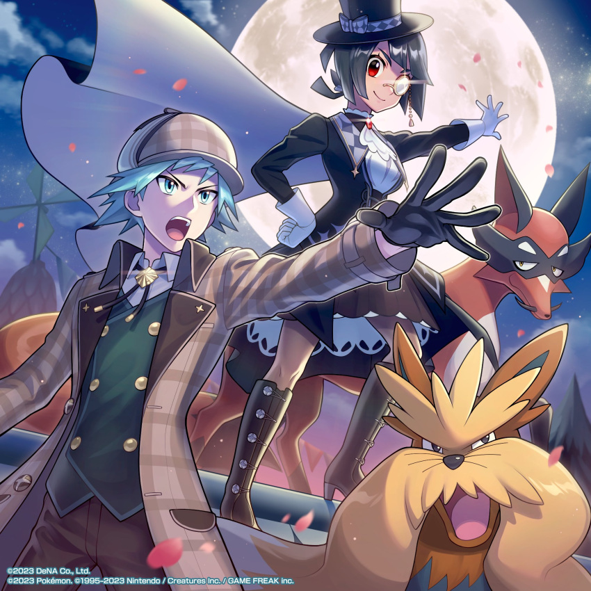 1boy 1girl ascot black_gloves black_hair black_headwear boots brown_pants buttons closed_mouth cloud coat collared_shirt commentary english_commentary gloves green_vest hat highres knee_boots knees monocle moon night official_alternate_costume official_art open_clothes open_coat outdoors outstretched_arm pants pokemon pokemon_(creature) pokemon_(game) pokemon_masters_ex red_eyes second-party_source shirt short_hair sky smile spread_fingers standing steven_stone steven_stone_(special_costume) stoutland takahashi_jun_(tkjun_m) thievul top_hat vest watermark white_ascot white_gloves zinnia_(pokemon) zinnia_(special_costume)_(pokemon)