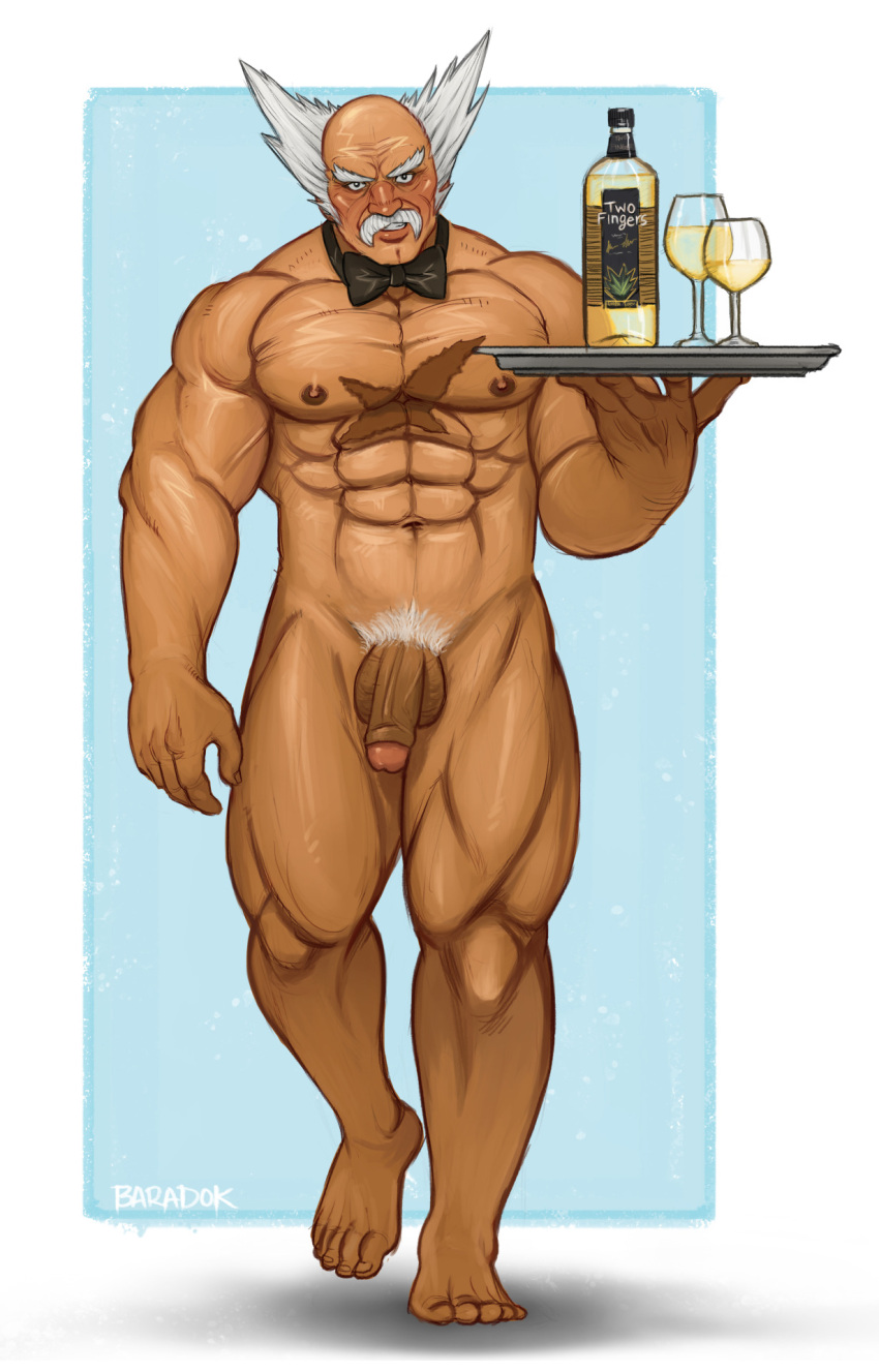 1boy abs bald bara black_bow black_bowtie blush bottle bow bowtie butler completely_nude cup drinking_glass facial_hair flaccid full_body growlygruntz highres large_pectorals male_focus male_pubic_hair mishima_heihachi muscular muscular_male mustache naked_bowtie nipples nude old old_man pectorals penis pubic_hair scar scar_on_chest servant short_hair sideburns smile solo stomach tekken tekken_5 thick_eyebrows thick_thighs thighs veins veiny_penis walking wine_bottle wine_glass