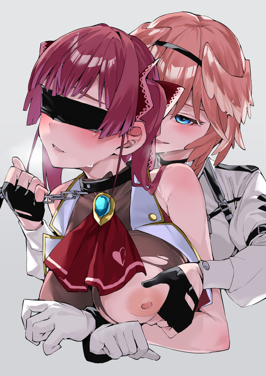 2girls ascot bare_shoulders bdsm black_blindfold black_gloves blindfold blue_eyes blush bound bound_arms bound_wrists breast_grab breasts brooch chain collar covered_eyes fingerless_gloves gloves grabbing grabbing_from_behind hair_between_eyes hair_ribbon head_wings highres holding holding_chain hololive houshou_marine jewelry large_breasts long_hair long_sleeves multiple_girls open_mouth pink_hair red_ascot red_hair restrained ribbon short_hair steam sweat takane_lui twintails virtual_youtuber white_gloves yuukauta