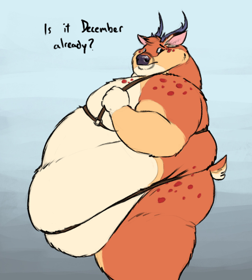 2019 anthro antlers belly belly_overhang big_belly blue_background butt clothing deer digital_media_(artwork) fur hair harness hi_res horn male mammal moobs morbidly_obese morbidly_obese_anthro morbidly_obese_male nude obese obese_anthro obese_male overweight overweight_anthro overweight_male ray_the_buck side_view simple_background solo sugarboy tail text thick_thighs