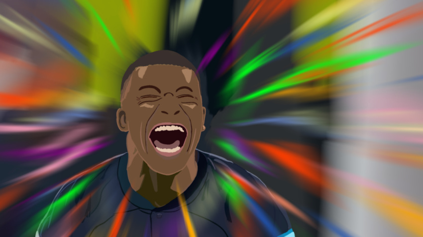 1boy 2022_fifa_world_cup black_hair closed_eyes dark-skinned_male dark_skin eluzyan france highres kylian_mbappe open_mouth real_life short_hair shouting smile soccer soccer_uniform solo solo_focus sportswear teeth world_cup