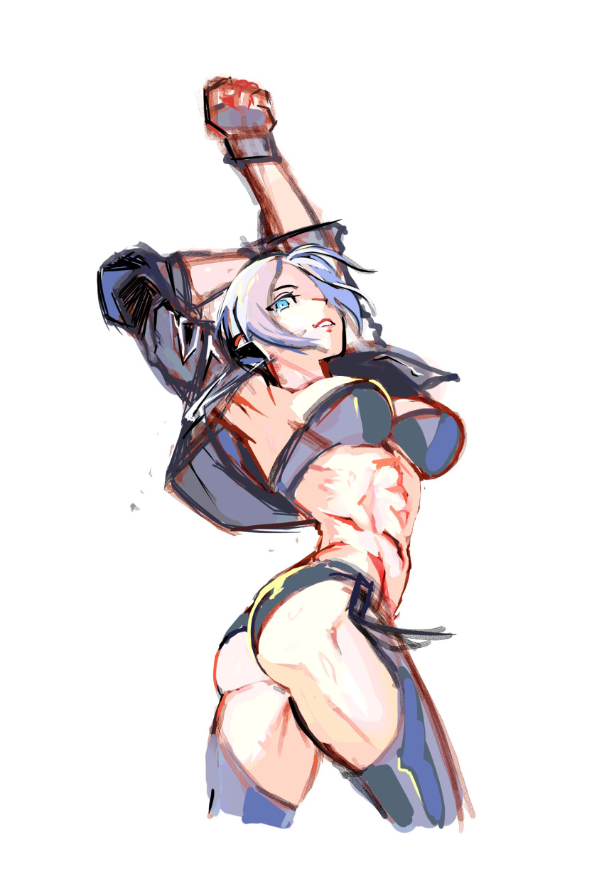 1girl abs absurdres angel_(kof) backless_pants blue_eyes bra breasts chaps cleavage crop_top cropped_jacket fingerless_gloves gloves hair_over_one_eye highres isenon_(icenonjinrs) jacket large_breasts leather leather_jacket looking_at_viewer midriff muscular muscular_female navel panties pants short_hair simple_background snk solo strapless strapless_bra the_king_of_fighters the_king_of_fighters_xiv toned underwear white_background white_hair