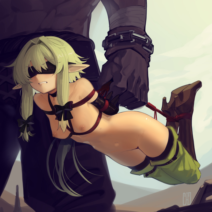 1girl absurdres angry bdsm blindfold bondage boots bound bow breasts brown_bow brown_footwear cad_(caddo) carrying carrying_person collarbone commission elf full_body goblin_slayer! green_eyes green_hair hair_between_eyes hair_bow hair_intakes high_elf_archer_(goblin_slayer!) high_heels highres knee_boots long_hair nipples nude pointy_ears pussy restrained second-party_source shibari sidelocks small_breasts solo_focus thighhighs