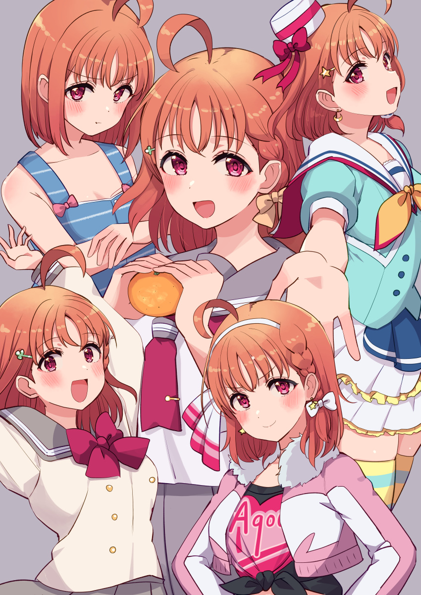 1girl absurdres ahoge aozora_jumping_heart birthday blush breasts cleavage clover_hair_ornament collarbone cream_(nipakupa) earrings food fruit hair_down hair_ornament hairband hat highres jewelry looking_at_viewer love_live! love_live!_sunshine!! mandarin_orange medium_breasts miracle_wave multiple_views orange_hair red_eyes school_uniform short_hair smile takami_chika upper_body uranohoshi_school_uniform