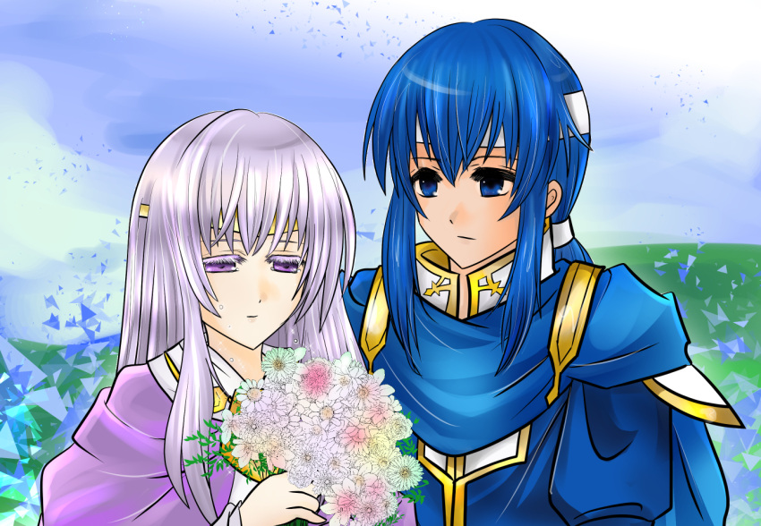 1boy 1girl blue_cape blue_eyes blue_hair brother_and_sister cape circlet fire_emblem fire_emblem:_genealogy_of_the_holy_war flower headband holding holding_flower julia_(fire_emblem) ponytail purple_cape purple_eyes purple_hair seliph_(fire_emblem) siblings squinting unanamikan white_headband