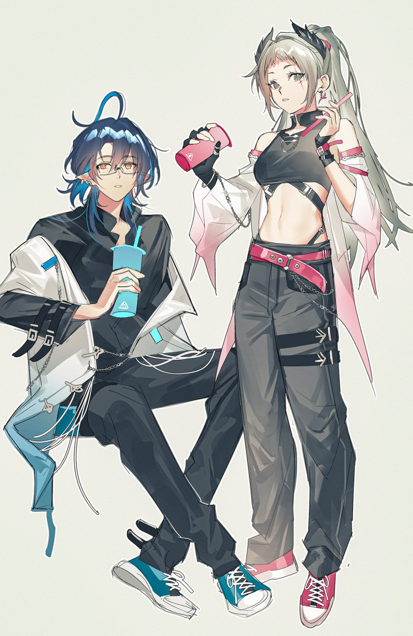 1boy 1girl ahoge alternate_costume arknights baggy_pants belt black_gloves black_hair black_pants black_shirt blue_footwear blue_hair blue_jacket buckle casual collared_shirt colored_inner_hair cropped_shirt cup detached_sleeves earrings fingerless_gloves full_body glasses gloves gradient_clothes gradient_jacket gradient_sleeves grey_background grey_eyes grey_hair hair_between_eyes head_wings highres holding holding_cup irene_(arknights) jacket jewelry long_hair long_sleeves looking_at_viewer lumen_(arknights) midriff multicolored_hair off_shoulder open_clothes open_jacket open_mouth orange_eyes pants pienahenggou pink_belt pointy_ears red_footwear scar scar_across_eye shirt shoelaces shoes simple_background sleeveless sleeveless_shirt stud_earrings thigh_strap white_jacket wrist_guards