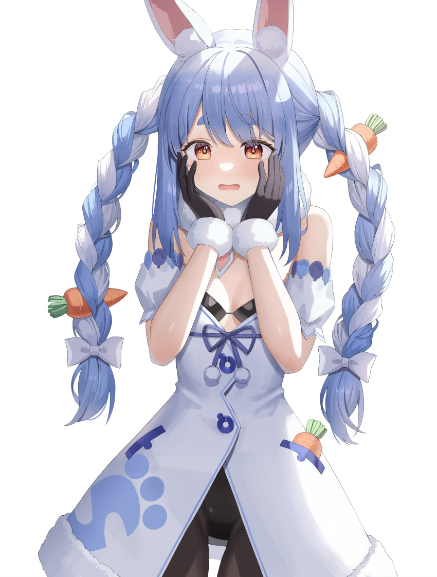 1girl absurdres animal_ear_fluff animal_ears bare_shoulders beomko black_gloves black_pantyhose blue_hair blush bow braid breasts carrot carrot_hair_ornament cleavage coat cowboy_shot detached_sleeves don-chan_(usada_pekora) food-themed_hair_ornament fur-trimmed_coat fur-trimmed_gloves fur_trim gloves hair_bow hair_ornament hair_ribbon hands_on_own_face highres hololive long_braid long_hair multicolored_hair orange_eyes pantyhose pocket pom_pom_(clothes) print_coat puffy_detached_sleeves puffy_sleeves rabbit_ears rabbit_girl ribbon ribbon_braid scarf short_eyebrows sidelocks simple_background sleeveless small_breasts solo thick_eyebrows twin_braids twintails two-tone_hair usada_pekora virtual_youtuber white_background white_bow white_coat white_fur white_hair