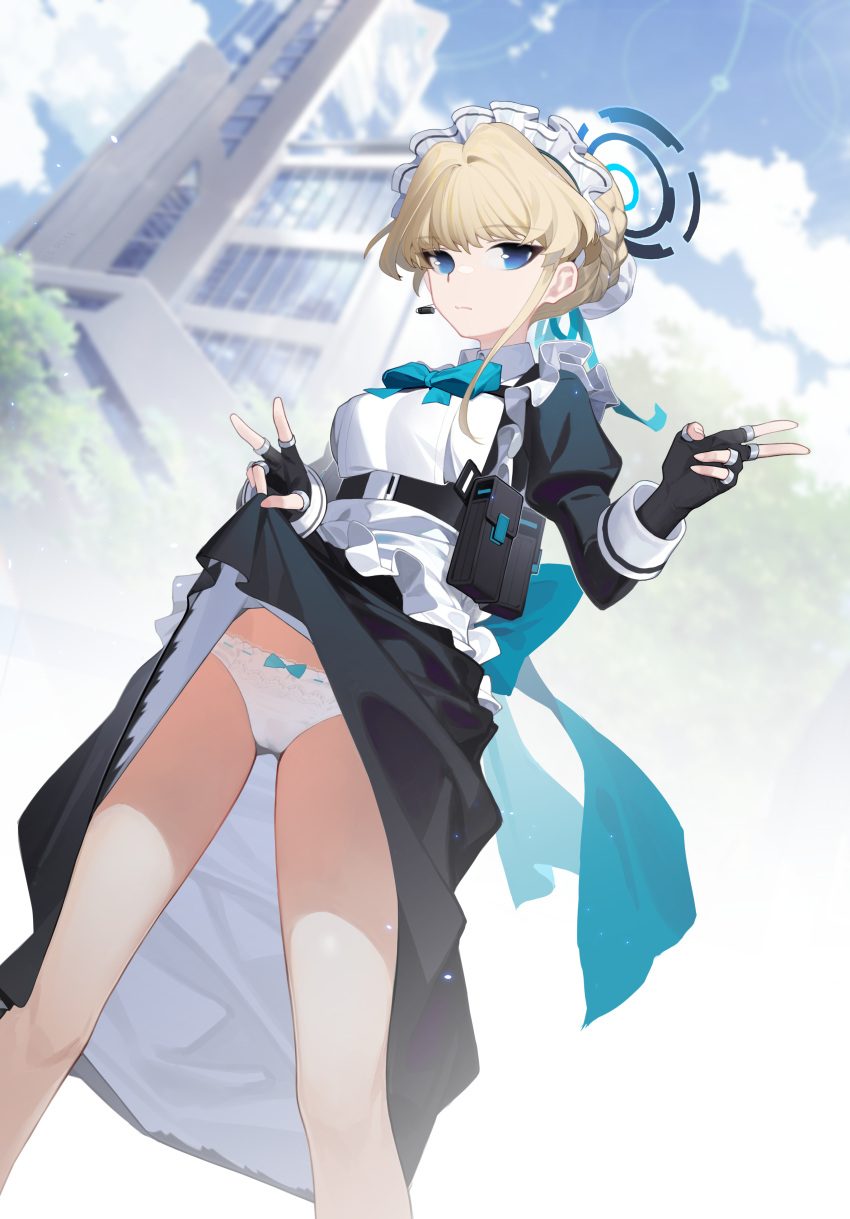 1girl absurdres belt black_gloves blonde_hair blue_archive blue_eyes blurry blurry_background bow bow_panties bowtie breasts building bun_cover clothes_lift cloud double_v dress dress_lift earpiece expressionless feet_out_of_frame fingerless_gloves gloves hair_bun halo highres juliet_sleeves lifted_by_self long_sleeves looking_at_viewer maid_headdress microphone outdoors panties pouch puffy_sleeves qianhui short_hair small_breasts solo standing toki_(blue_archive) tree underwear v white_panties