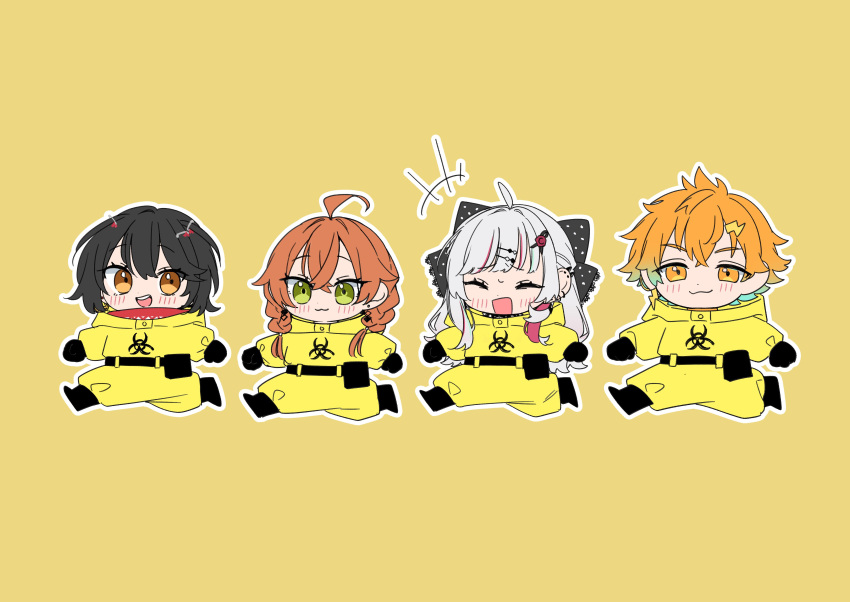 1boy 3girls :3 :o absurdres ahoge biohazard_symbol black_bow black_footwear black_gloves black_hair blush bow braid chibi closed_eyes closed_mouth commentary_request crossed_bangs earrings fangs full_body gloves green_eyes hair_between_eyes hair_bow hair_ornament hairclip hazmat_suit heterochromia highres ishigami_nozomi jewelry kashikaze laughing lightning_bolt_hair_ornament lightning_bolt_symbol long_hair mashiro_(nijisanji) multicolored_hair multiple_girls nijisanji open_mouth orange_eyes orange_hair outline pointing polka_dot polka_dot_bow red_eyes red_hair shishido_akari short_hair simple_background streaked_hair sweatdrop teeth twin_braids two-tone_hair upper_teeth_only usami_rito virtual_youtuber white_eyes white_hair white_outline yellow_background