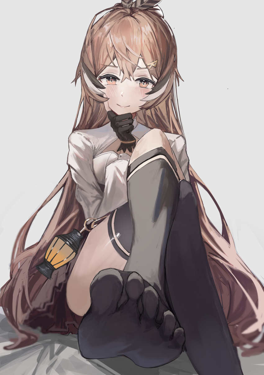 1girl absurdres ahoge asymmetrical_legwear brown_eyes brown_hair cleavage_cutout clothing_cutout crossed_bangs dimas_(dimas79756948) feather_hair_ornament feathers feet_up gloves hair_ornament hairclip highres hololive hololive_english kneehighs lantern long_hair looking_at_viewer miniskirt multicolored_hair nanashi_mumei nanashi_mumei_(1st_costume) partially_fingerless_gloves pleated_skirt ponytail pouch shirt shoes shoes_removed single_kneehigh single_sock single_thighhigh skirt socks streaked_hair thighhighs very_long_hair virtual_youtuber white_shirt