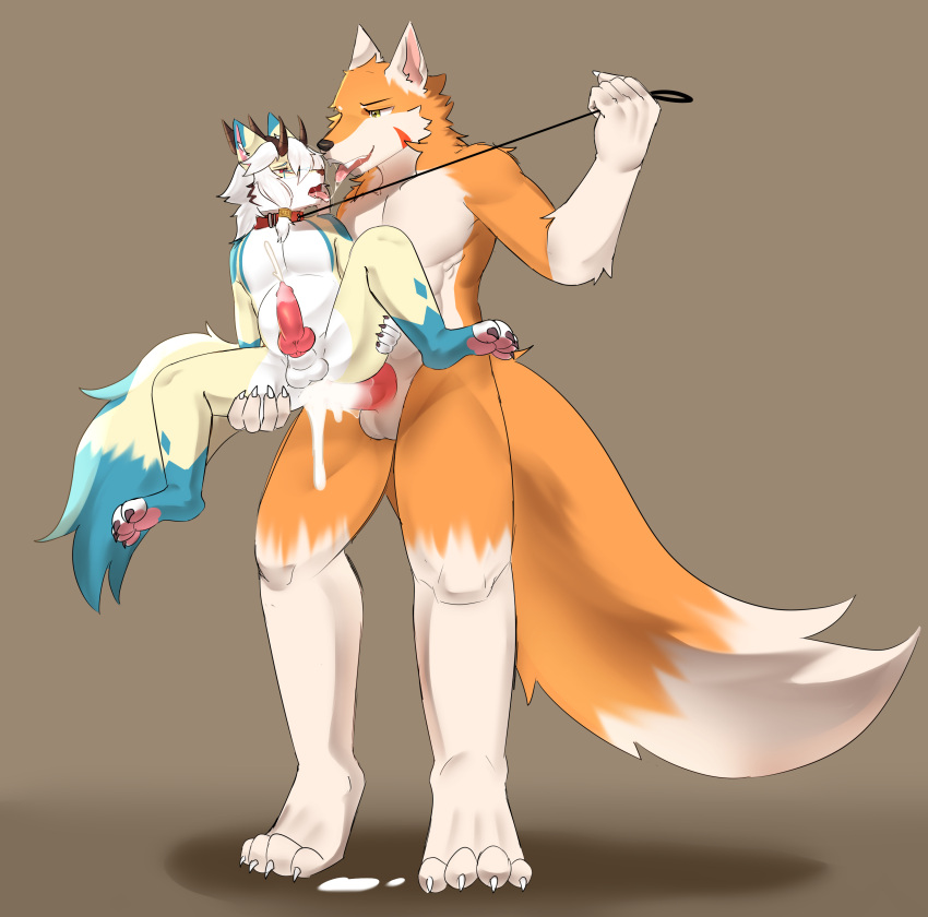 absurd_res anthro belly blueberryfoxz bluefoxzaza bodily_fluids canid canine collar cum cum_inflation cum_overflow duo excessive_cum excessive_genital_fluids fox genital_fluids hi_res hybrid hyper hyper_cum inflation kissing leash leash_pull leashed_collar lifted male male/male mammal osuki red_fox size_difference