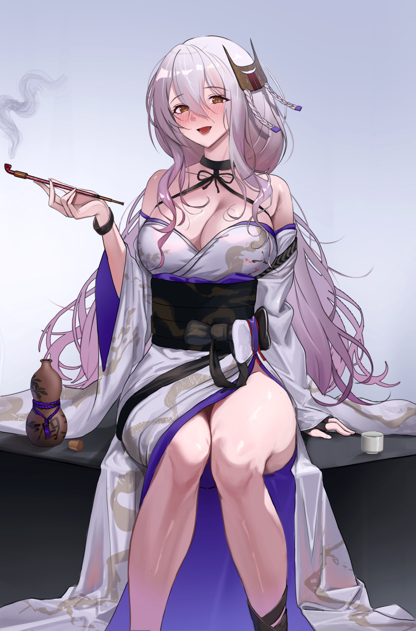 1girl :d absurdres alternate_costume arm_support bare_shoulders black_choker black_gloves blush bottle breasts brown_eyes choker choko_(cup) cleavage collarbone commentary_request cup fingerless_gloves gloves goddess_of_victory:_nikke grey_hair hair_between_eyes highres holding holding_smoking_pipe horai_sennkyo japanese_clothes kimono large_breasts long_hair looking_at_viewer lower_teeth_only nose_blush obi off_shoulder open_mouth sake_bottle sash scarlet_(nikke) sidelocks single_fingerless_glove smile smoking_pipe solo standing teeth white_kimono wide_sleeves wristband yukata