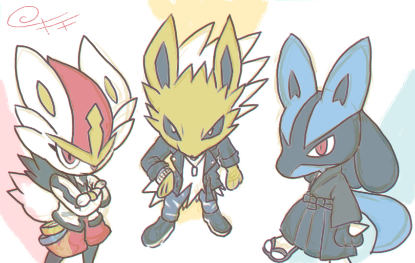 3boys animal_ears animal_hands animal_nose arm_at_side artist_name black_footwear black_fur black_hakama black_kimono black_sclera blue_fur blue_pants body_fur chibi cinderace closed_mouth clothed_pokemon colored_sclera commentary_request crossed_arms dog_tags flame_print full_body furry furry_male hakama hand_on_own_hip jacket japanese_clothes jewelry jolteon kiki_(431642) kimono long_sleeves looking_at_viewer lucario male_focus multiple_boys necklace pants personification pokemon pokemon_(creature) punk rabbit_boy rabbit_ears rabbit_tail red_eyes red_hair red_shorts sandals shirt shoes short_hair shorts signature simple_background sketch snout socks spiked_hair spikes standing tail torn_clothes torn_pants two-tone_fur white_background white_eyes white_fur white_hair white_jacket white_shirt white_socks wolf_boy wolf_ears wolf_tail yellow_fur