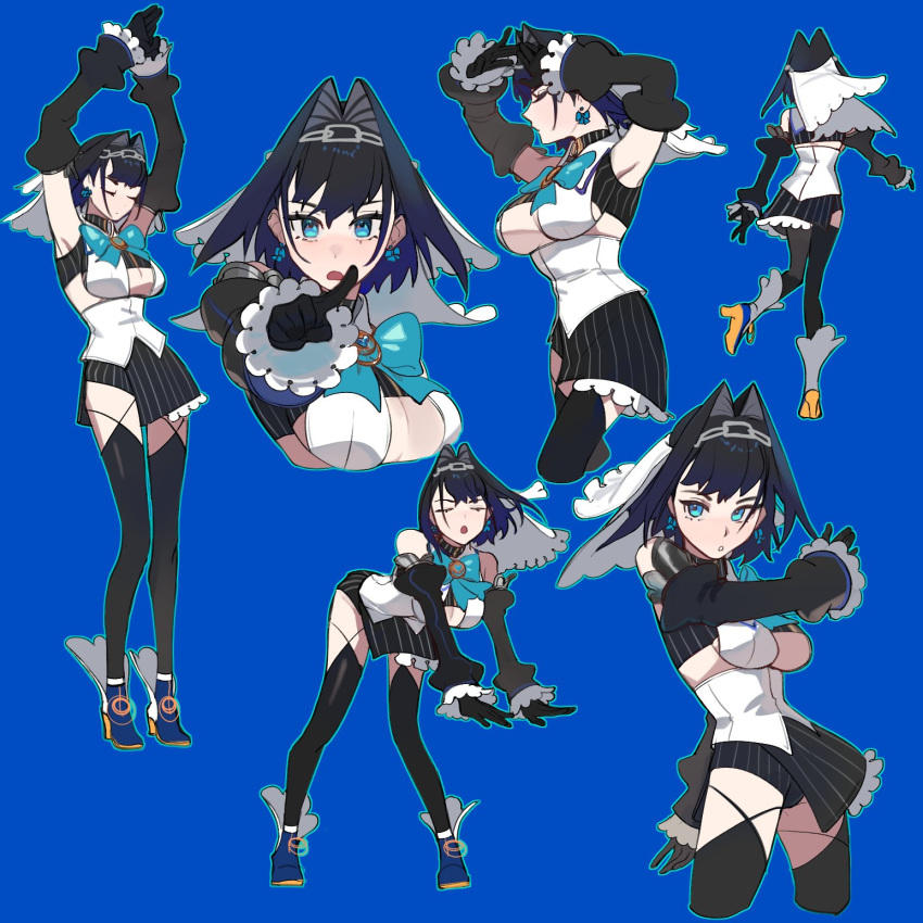 1girl arms_up black_gloves black_hair black_thighhighs blue_background blue_bow blue_eyes blue_footwear blue_hair blue_ribbon blush bow bow_earrings breasts chain chain_headband cleavage_cutout closed_eyes clothing_cutout collar detached_sleeves earrings eus_ing gloves gradient_hair hair_intakes head_chain heart high_heels highres hololive hololive_english jewelry large_breasts looking_at_viewer micro_shorts miniskirt multicolored_hair multiple_views open_mouth ouro_kronii ouro_kronii_(1st_costume) pointing ribbon shirt short_hair shorts skirt sleeveless sleeveless_shirt thighhighs underboob underboob_cutout veil virtual_youtuber yellow_footwear